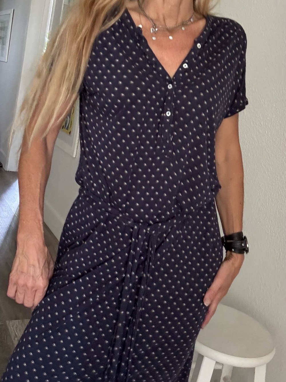 Lucky Brand Navy Midi Dress with Small White Print